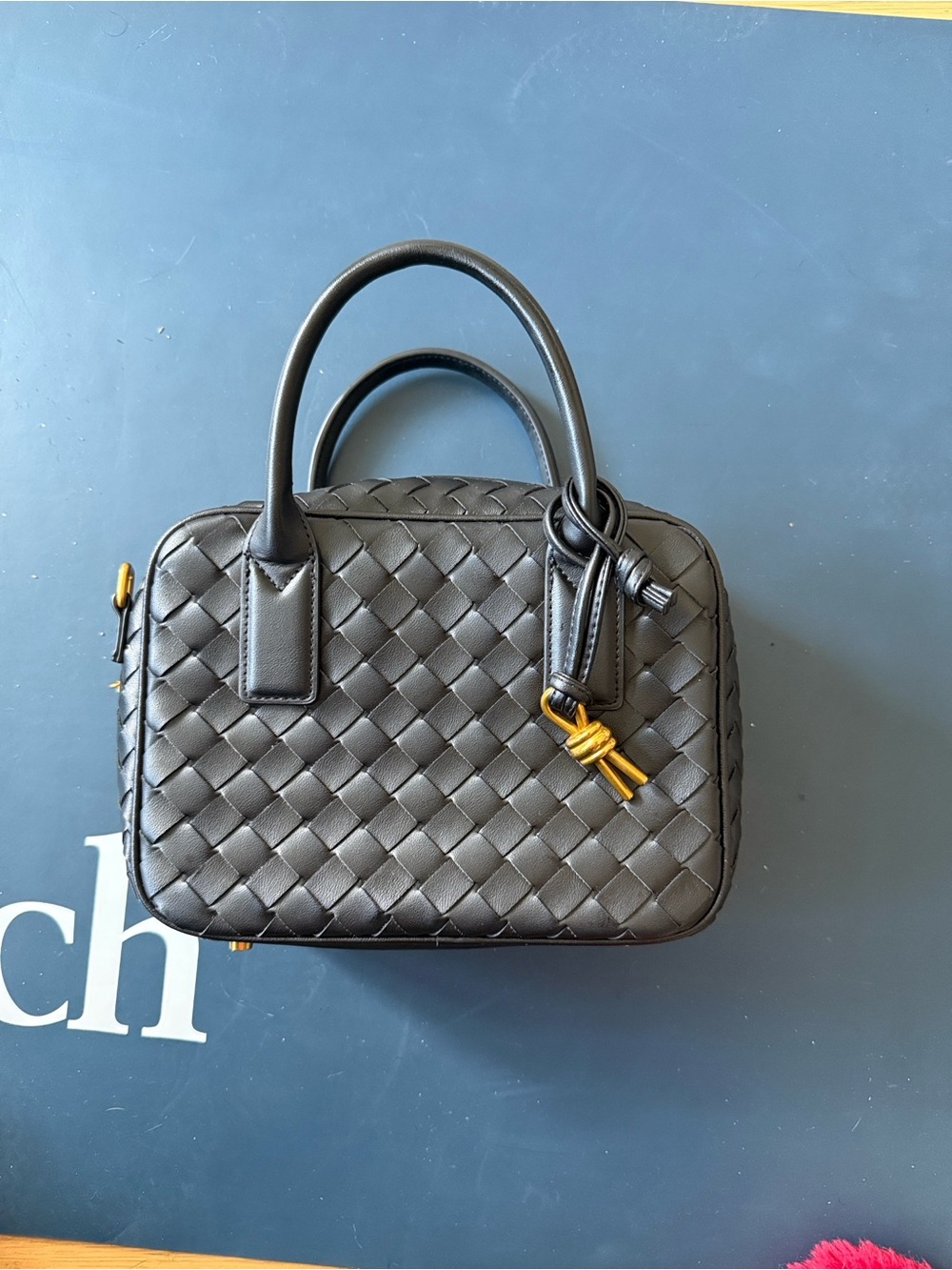 Black Woven Leather Top-Handle Bag